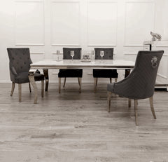 Louis Silver Grey marble effect dining set with grey Majestic velvet chairs from Solid Furniture UK - main view