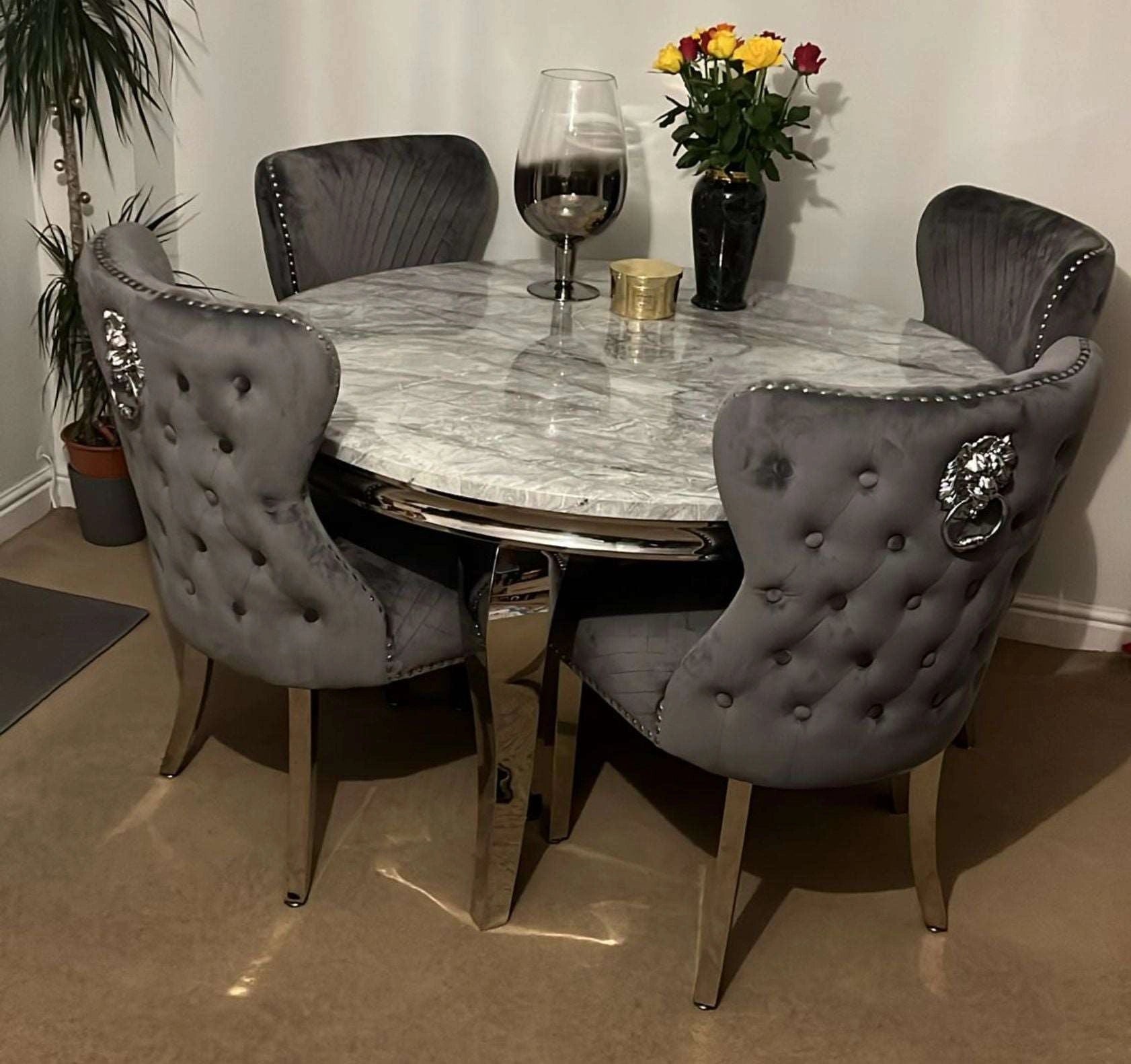 Louis 1.3m grey round marble dining table with Valentino grey velvet chairs main view Solid Furniture UK