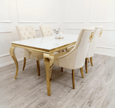 White Glass Louis Gold with Bentley Gold Cream Chairs SOLID FURNITURE