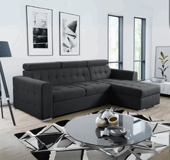 Black Luca sofa bed with storage, elegant modern corner sofa bed UK, durable fabric and space-saving design for living rooms. solid furniture UK