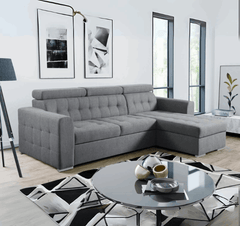 Light grey Luca sofa bed with storage, modern corner sofa bed UK in premium fabric, stylish and space-saving design. solid furniture UK