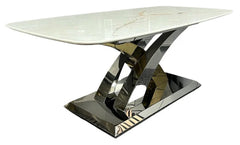 Lucy dining table with cream marble top and silver gold side base view, Solid Furniture UK
