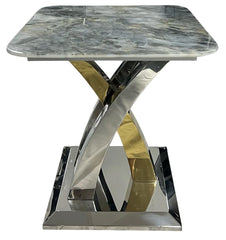 Lucy lamp table main view featuring a grey marble top with geometric silver and gold base, Solid Furniture UK