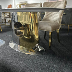 Madrid cream marble dining table close base view showing silver and gold pedestal detail, Solid Furniture UK