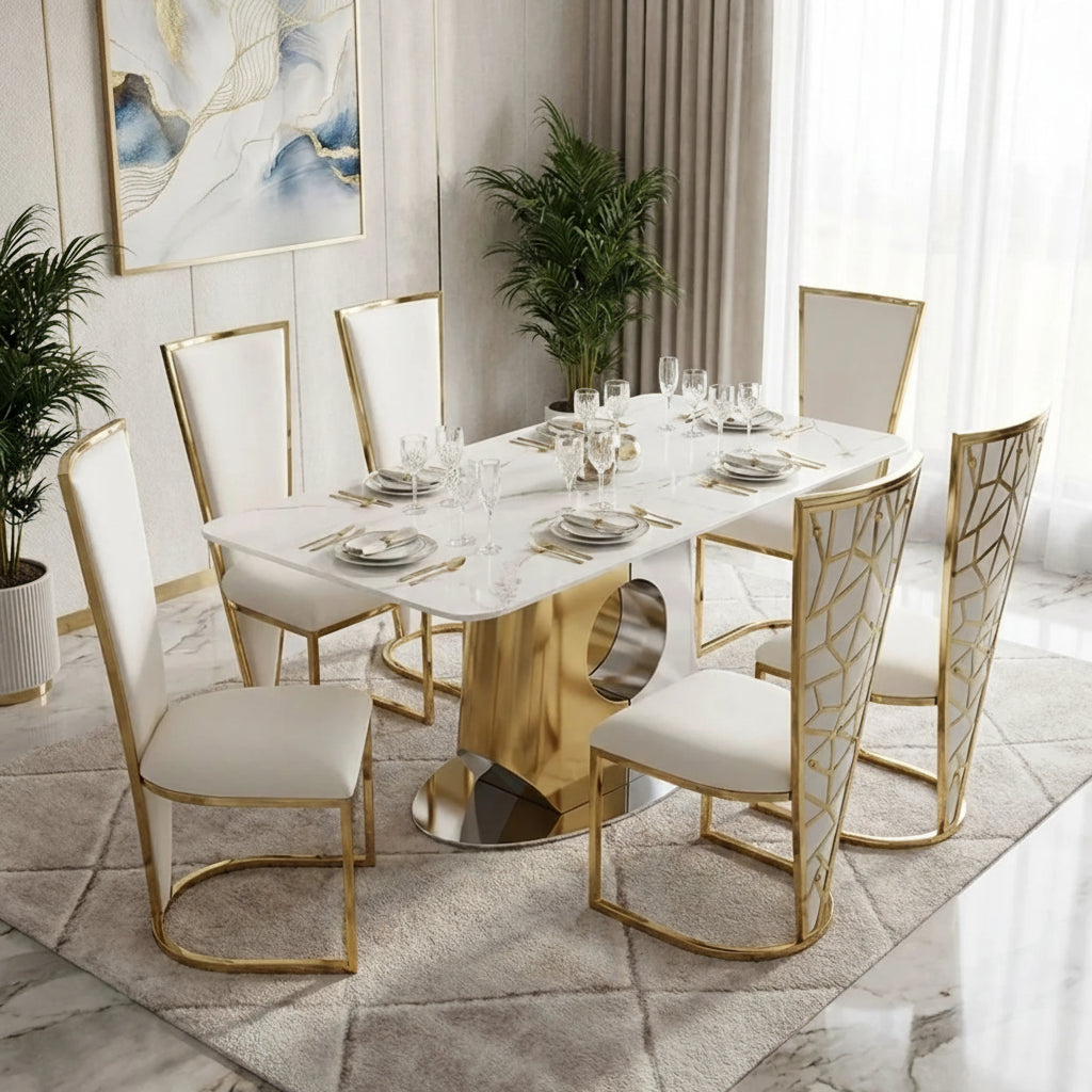 Madrid cream marble rectangular dining table with silver and gold base and Vienna chairs in a modern dining room, Solid Furniture UK