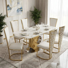 Madrid cream marble rectangular dining table with silver and gold base and Vienna chairs in a modern dining room, Solid Furniture UK