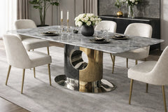 Madrid rectangular dining table with grey marble top and silver gold base with dining chairs in a dining room, Solid Furniture UK