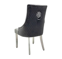 Back view of Majestic velvet dining chair with stud detailing and lion head ring knocker elegant dining chair Solid Furniture UK