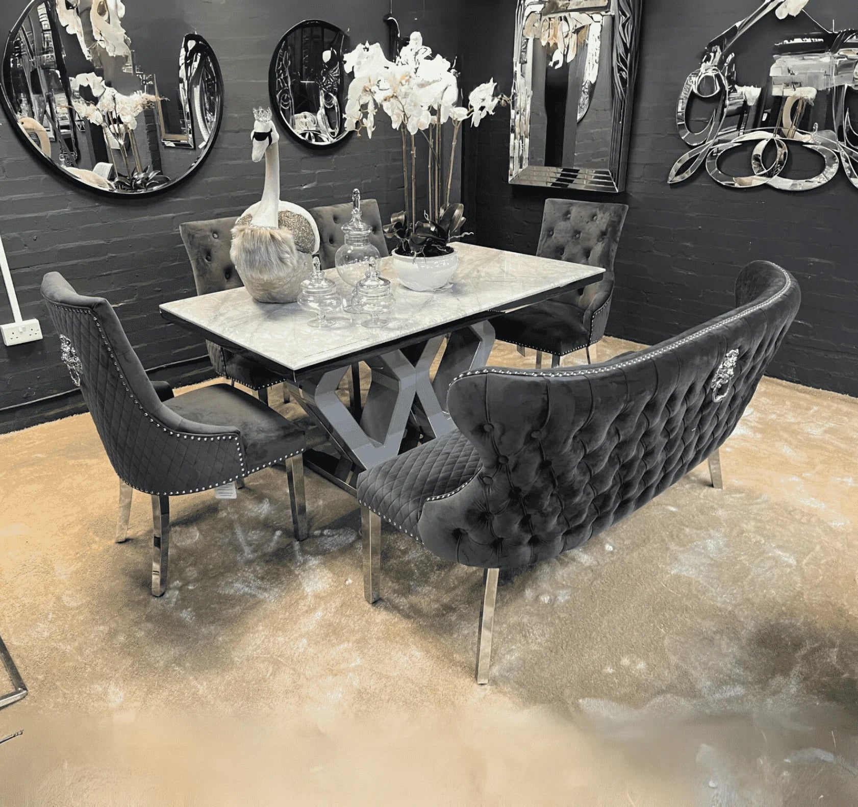 Majestic grey marble dining table with dark grey velvet chairs – Solid Furniture UK