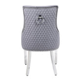 Back side view of Majestic grey velvet dining chair with diamond stitching and chrome ring knocker – Solid Furniture UK