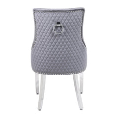 Back side view of Majestic grey velvet dining chair with diamond stitching and chrome ring knocker – Solid Furniture UK