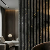 Marble black and gold acoustic wall panel 60x280cm installed in modern interior creating a bold feature wall with sound control benefits. solid furniture UK