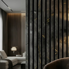 Marble black and gold acoustic wall panel 60x280cm installed in modern interior creating a bold feature wall with sound control benefits. solid furniture UK
