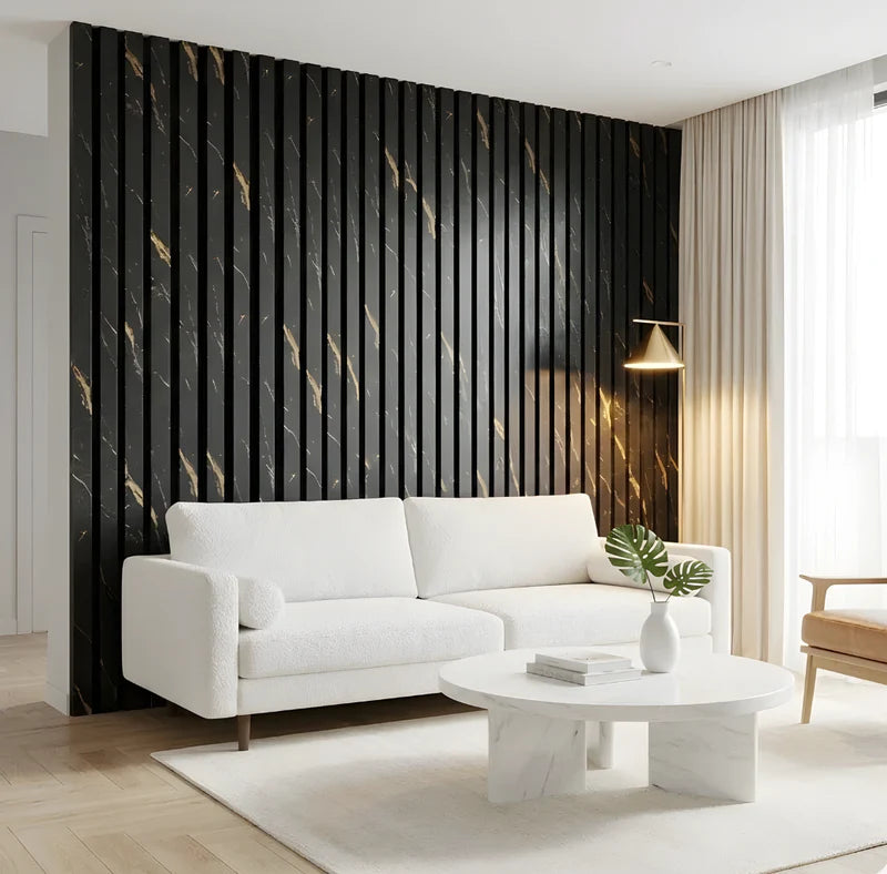 Marble gold black slatted wall panels 60x240cm installed in modern living room creating a bold acoustic feature wall. solid furniture UK