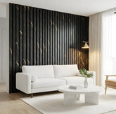 Marble gold black slatted wall panels 60x240cm installed in modern living room creating a bold acoustic feature wall. solid furniture UK