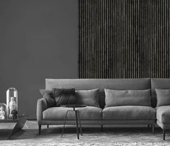 Marble gold black slatted wall panels installed in a modern interior solid furniture uk