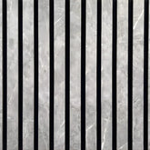 Close-up of marble grey slatted wall panel showing slim vertical slats, 2.5 cm width, 1.5 cm spacing, and textured HDF surface for acoustic absorption. solid furniture UK
