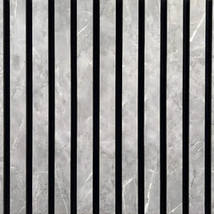 Close-up of marble grey slatted wall panel showing slim vertical slats, 2.5 cm width, 1.5 cm spacing, and textured HDF surface for acoustic absorption. solid furniture UK