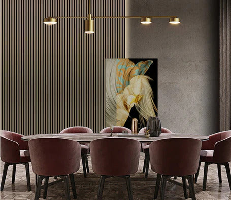 Metallic brown acoustic slatted wall panel installed on a modern feature wall solid furniture uk