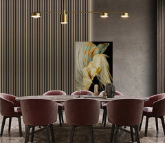 Metallic brown acoustic slatted wall panel installed on a modern feature wall solid furniture uk