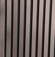 Angled perspective of metallic brown acoustic wall panels 60x240 by Solid Furniture UK showing depth, slatted structure, and modern design