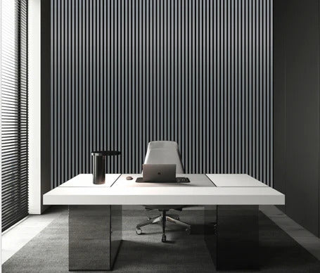 Metallic dark grey slatted acoustic wall panel in a modern interior setting solid furniture uk