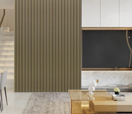 Metallic gold acoustic slatted wall panel on a modern interior feature wall solid furniture uk