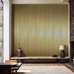 Angled view of metallic gold acoustic wall panel 60x240cm UK highlighting texture and depth. solid furniture UK