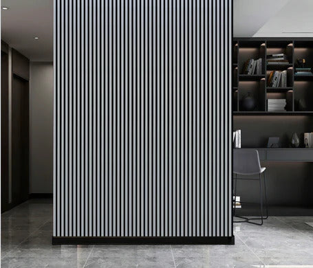 Metallic light grey acoustic slatted wall panel on a modern interior feature wall solid furniture uk