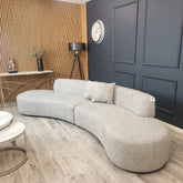 Miami Curved Cinema Bouclé Sofa in Silver Grey – 6-seater modern curved sofa with soft textured fabric solid furniture UK