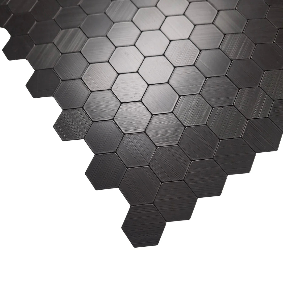 Close-up of black mini hexagon mosaic wall tiles 30 x 30cm pack of 10 by Solid Furniture LTD highlighting texture and pattern