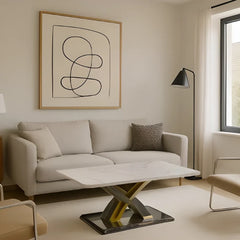 Modern coffee table styled in a UK living room, featuring an elegant tabletop and contemporary base by Solid Furniture UK
