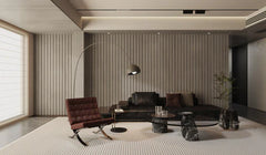 Modern living room featuring grey seamless WPC wall panels with wood-effect finish for a sleek interior design Solid Furniture UK