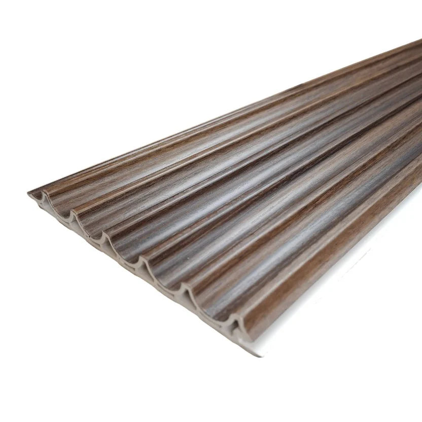 Close-up of durable, moisture-resistant WPC/PVC Walnut Wave panels solid furniture uk