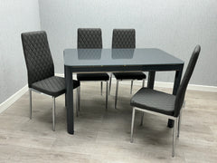 Morano Glass Dining Table with 4 California Chairs in Grey at Solid Furniture UK