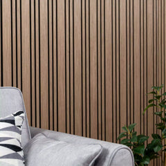 Elegant drawing room featuring dark oak slatted acoustic wall panels enhancing the space with a modern luxury feature wall design solid furniture UK