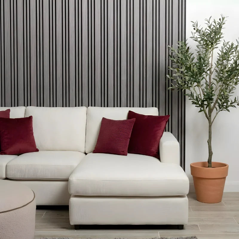 Multi width light grey acoustic wall panel with felt backing, 240cm slatted design for modern interiors solid furniture UK