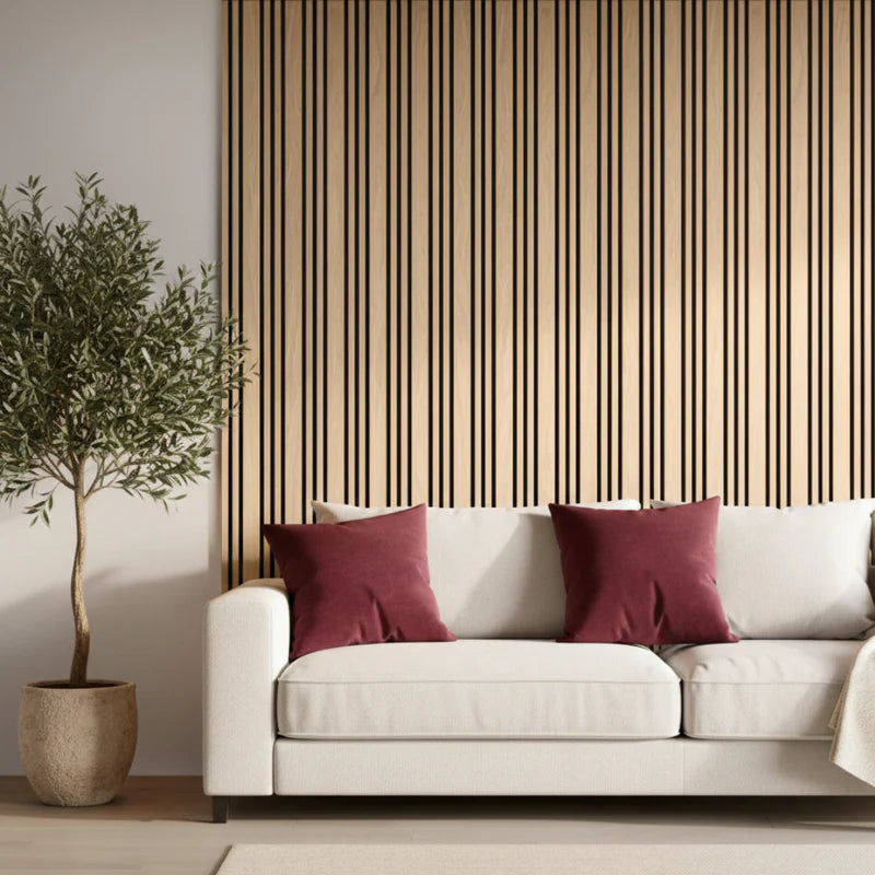 Multi width oak acoustic wall panel with felt backing, 240cm decorative slatted design for modern interiors solid furniture UK