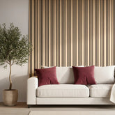 Multi width oak acoustic wall panel with felt backing, 240cm decorative slatted design for modern interiors solid furniture UK
