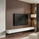 Multi width walnut acoustic wall panel with felt backing, 240cm slatted design for modern interiors solid furniture UK