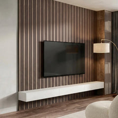 Multi width walnut acoustic wall panel with felt backing, 240cm slatted design for modern interiors solid furniture UK