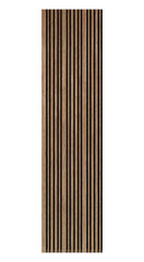 Close-up of multi-width walnut wall panel showing 3.8cm and 1.8cm slat design with 1cm spacing solid furniture UK