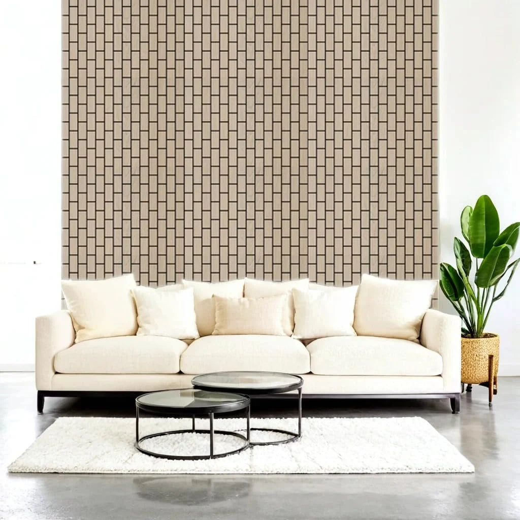 60x240 natural oak acoustic brick wall panel UK installed in a modern living room, creating a warm, stylish feature wall with subtle acoustic control. solid furniture UK