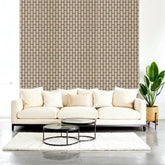 60x240 natural oak acoustic brick wall panel UK installed in a modern living room, creating a warm, stylish feature wall with subtle acoustic control. solid furniture UK