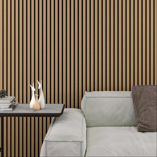 Drawing room in the UK featuring natural oak acoustic slatted wall panels 60x240cm by Solid Furniture UK, adding warmth and improving sound quality.
