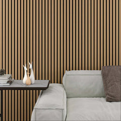 Drawing room in the UK featuring natural oak acoustic slatted wall panels 60x240cm by Solid Furniture UK, adding warmth and improving sound quality.
