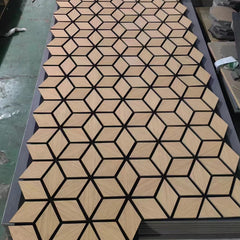 Close-up of 60x240 natural oak Blocks Wall Panel UK showing block-style slatted design, precise spacing, and high-density fiberboard construction. solid furniture UK