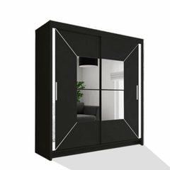 Nicole Black Wardrobe with sliding mirror doors, shelves, and hanging rails for modern bedroom storage
