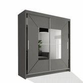 Nicole Grey Wardrobe with sliding mirror doors, shelves, and hanging rails for modern bedroom storage