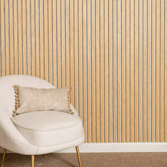 Modern living room featuring oak acoustic slatted wall panels installed as a feature wall, enhancing interior aesthetics and improving sound acoustics. solid furniture UK